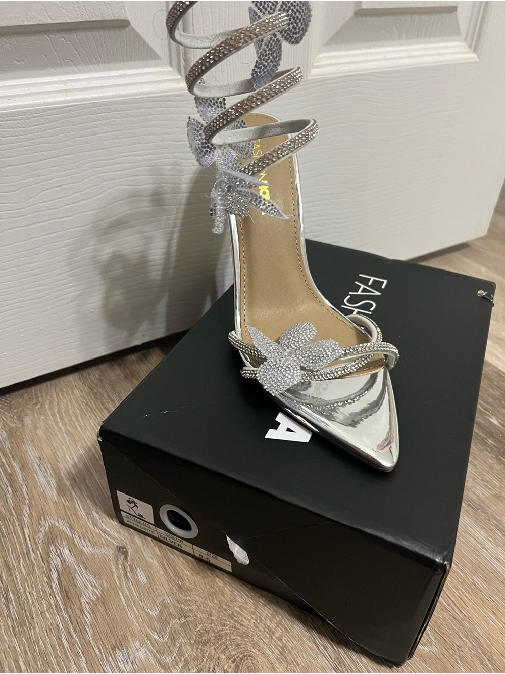Fashion Nova Silver Crystal Floral Wrap-Ankle Stiletto